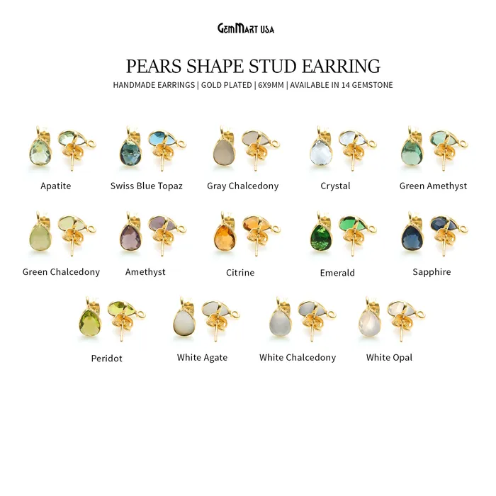 GemmartUSA Earrings DIY Pears 6x9mm Gold Bail Gemstone stud Earring
