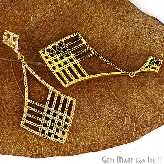 GemMartUSA Earrings Gold Vermeil Studded With Micro Pave White Topaz 29x60mm Dangle Earring