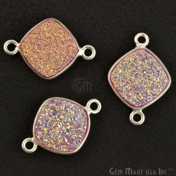 GemMartUSA Natural Titanium Druzy 10mm Cushion Silver Bezel Double Bail Connector Necklaces GemMartUSA Natural Titanium Druzy 10mm Cushion Silver Bezel Double Bail Connector Necklaces
