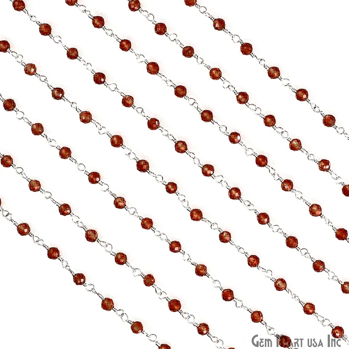 GemMartUSA Necklaces Hessonite 335mm Beads Silver Wire Wrapped Rosary Chain GemMartUSA Necklaces Hessonite 335mm Beads Silver Wire Wrapped Rosary Chain