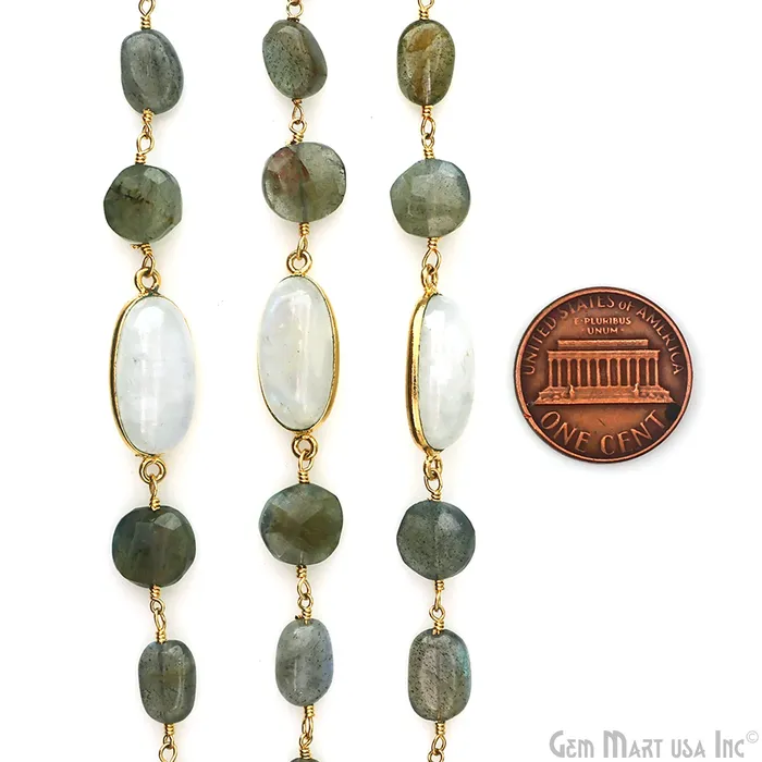 GemMartUSA Necklaces Labradorite Rainbow Moonstone Bezel Gold Plated Wire Wrapped Rosary Chain