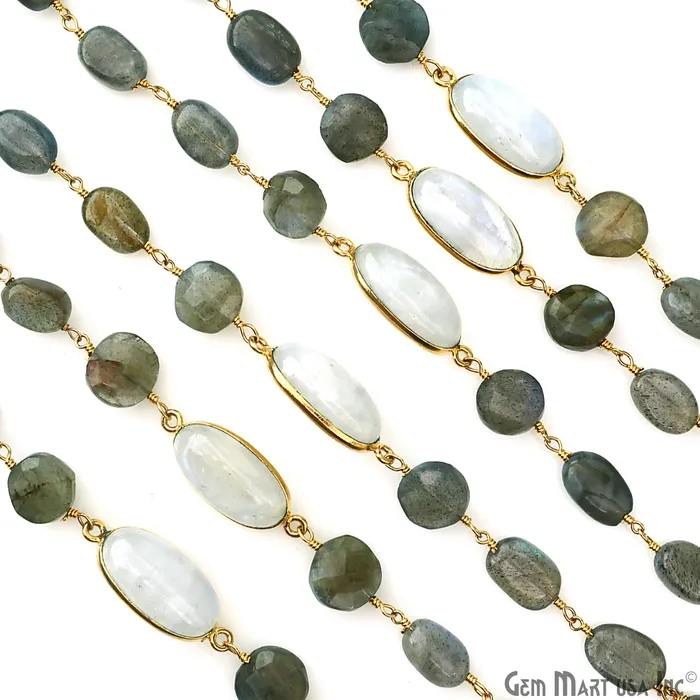 GemMartUSA Necklaces Labradorite Rainbow Moonstone Bezel Gold Plated Wire Wrapped Rosary Chain