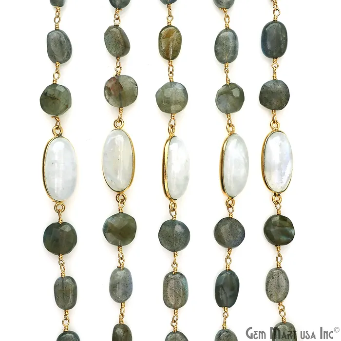 GemMartUSA Necklaces Labradorite Rainbow Moonstone Bezel Gold Plated Wire Wrapped Rosary Chain