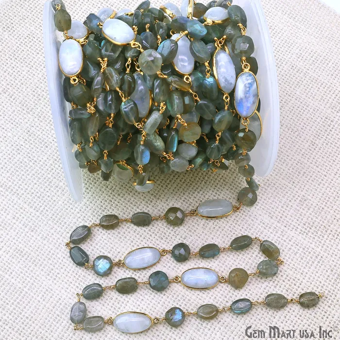 GemMartUSA Necklaces Labradorite Rainbow Moonstone Bezel Gold Plated Wire Wrapped Rosary Chain