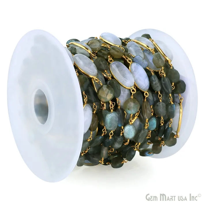 GemMartUSA Necklaces Labradorite Rainbow Moonstone Bezel Gold Plated Wire Wrapped Rosary Chain