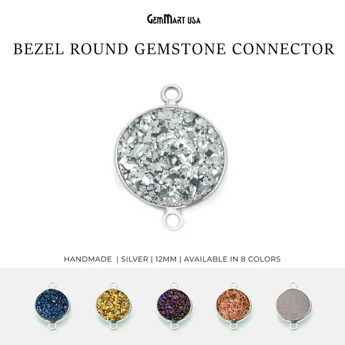 GemMartUSA Necklaces Natural Titanium Silver Druzy 12mm Round Double Bail Bezel Gemstone Connector GemMartUSA Necklaces Natural Titanium Silver Druzy 12mm Round Double Bail Bezel Gemstone Connector