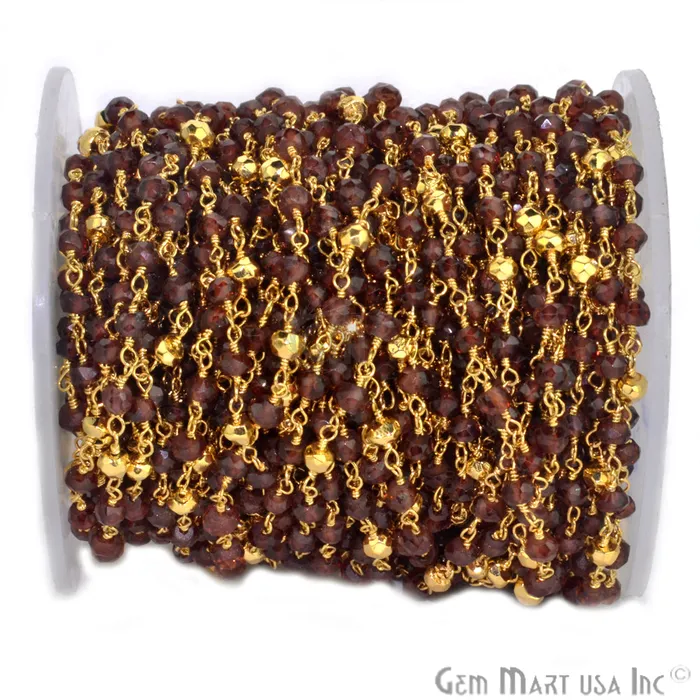 GemMartUSA PreStyled Sets Garnet With Gold Pyrite Gold Plated Wire Wrapped Beads Rosary Chain