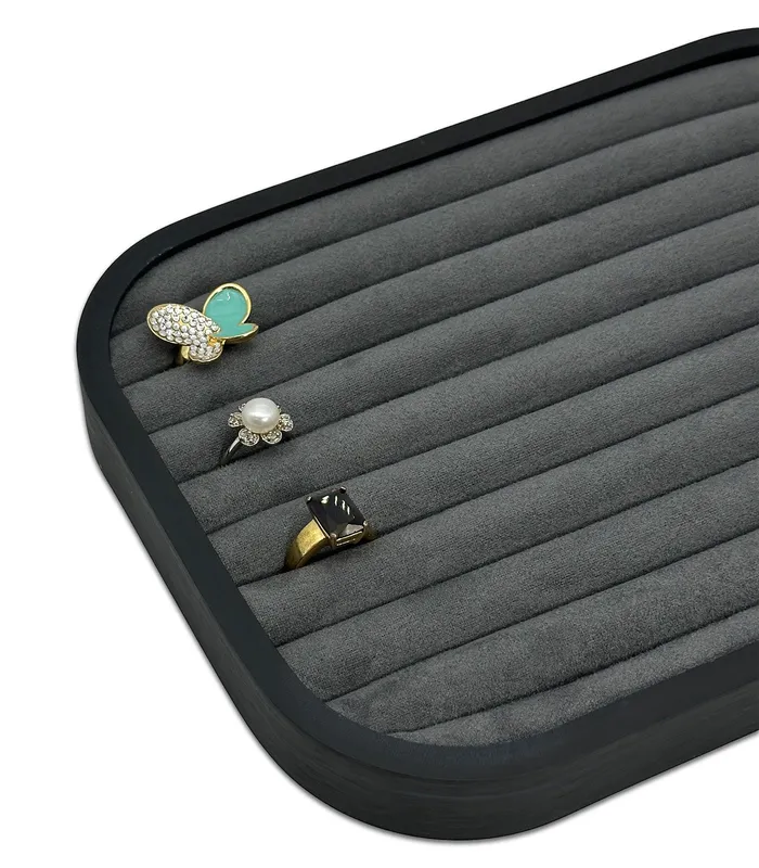 JPI Display Rings 10 58 x 7 58 Black Brushed Aluminum Gray Velvet 9 Row Ring Display Tray JPI Display Rings 10 58 x 7 58 Black Brushed Aluminum Gray Velvet 9 Row Ring Display Tray