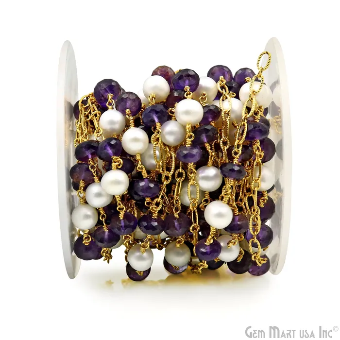 Necklaces Amethyst Pearl Round Beads Gold Plated Finding Rosary Chain GemMartUSA Necklaces Amethyst Pearl Round Beads Gold Plated Finding Rosary Chain GemMartUSA