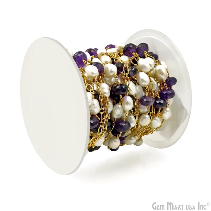 Necklaces Amethyst Pearl Round Beads Gold Plated Finding Rosary Chain GemMartUSA