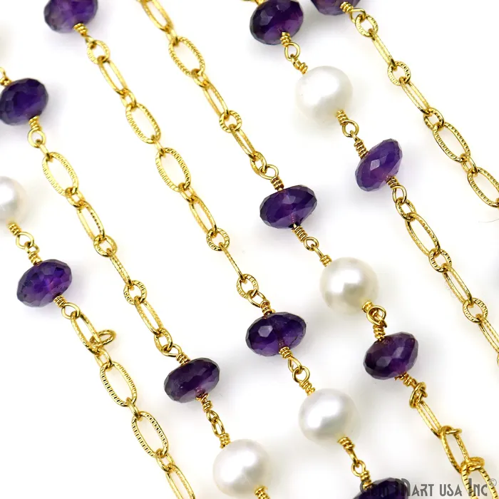 Necklaces Amethyst Pearl Round Beads Gold Plated Finding Rosary Chain GemMartUSA