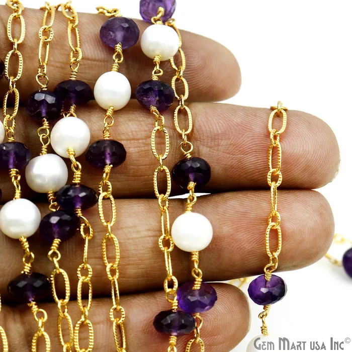 Necklaces Amethyst Pearl Round Beads Gold Plated Finding Rosary Chain GemMartUSA
