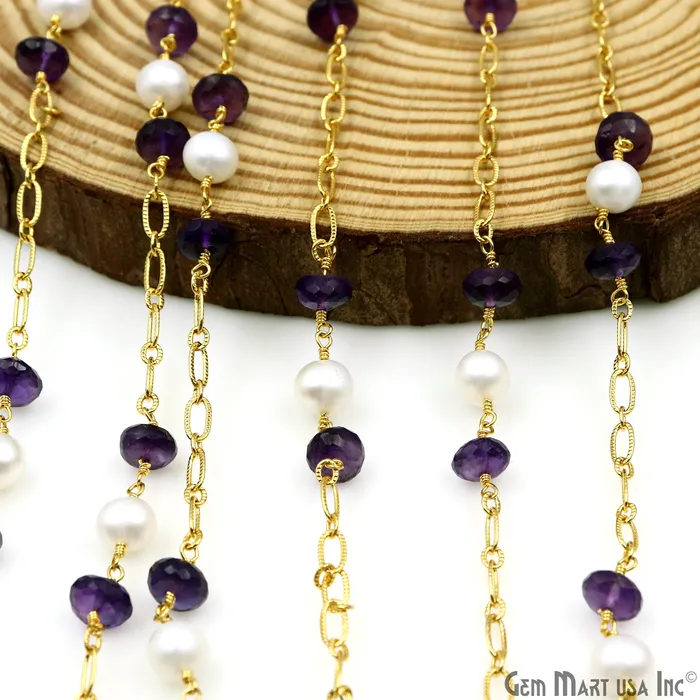 Necklaces Amethyst Pearl Round Beads Gold Plated Finding Rosary Chain GemMartUSA