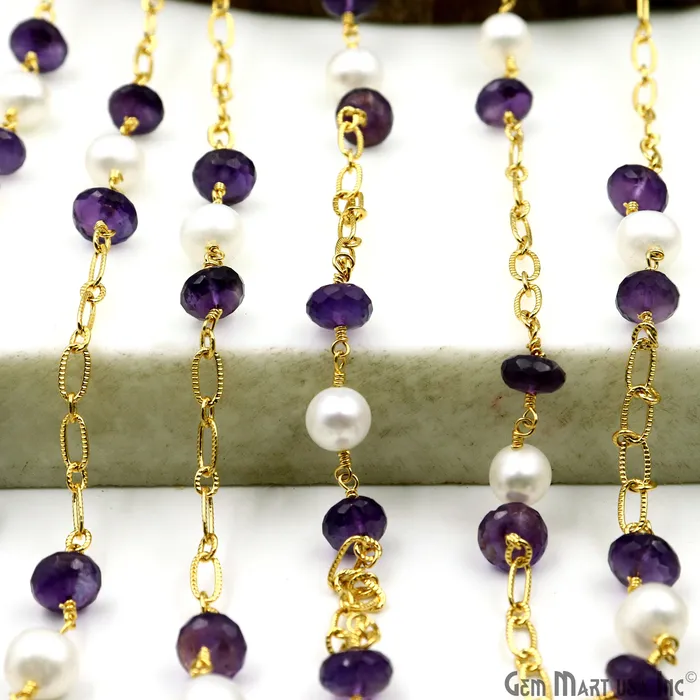 Necklaces Amethyst Pearl Round Beads Gold Plated Finding Rosary Chain GemMartUSA