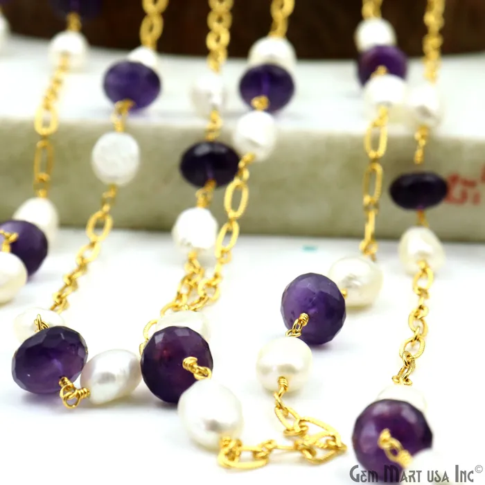 Necklaces Amethyst Pearl Round Beads Gold Plated Finding Rosary Chain GemMartUSA