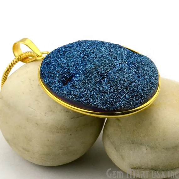 Necklaces GemMartUSA Blue Titanium Druzy 35x49mm Gold Plated Oval Gemstone Chain Pendant