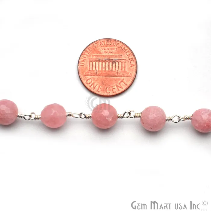 Necklaces GemmartUSA Pink Peach Jade Beads Silver Plated Wire Wrapped Rosary Chain