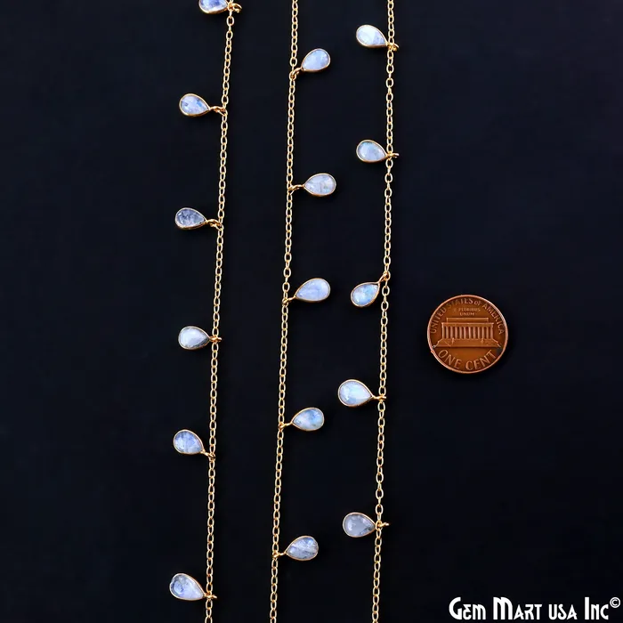 Necklaces Rainbow Moonstone Cabochon Pears 7x5mm Gold Plated Bezel Connector Dangle Rosary Chain GemMartUSA Necklaces Rainbow Moonstone Cabochon Pears 7x5mm Gold Plated Bezel Connector Dangle Rosary Chain GemMartUSA