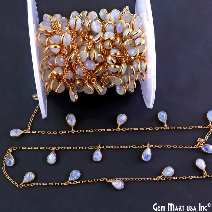 Necklaces Rainbow Moonstone Cabochon Pears 7x5mm Gold Plated Bezel Connector Dangle Rosary Chain GemMartUSA Necklaces Rainbow Moonstone Cabochon Pears 7x5mm Gold Plated Bezel Connector Dangle Rosary Chain GemMartUSA