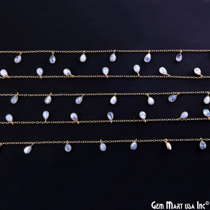 Necklaces Rainbow Moonstone Cabochon Pears 7x5mm Gold Plated Bezel Connector Dangle Rosary Chain GemMartUSA Necklaces Rainbow Moonstone Cabochon Pears 7x5mm Gold Plated Bezel Connector Dangle Rosary Chain GemMartUSA