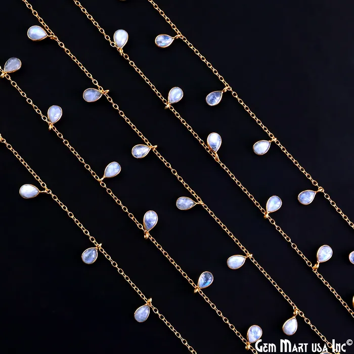 Necklaces Rainbow Moonstone Cabochon Pears 7x5mm Gold Plated Bezel Connector Dangle Rosary Chain GemMartUSA Necklaces Rainbow Moonstone Cabochon Pears 7x5mm Gold Plated Bezel Connector Dangle Rosary Chain GemMartUSA