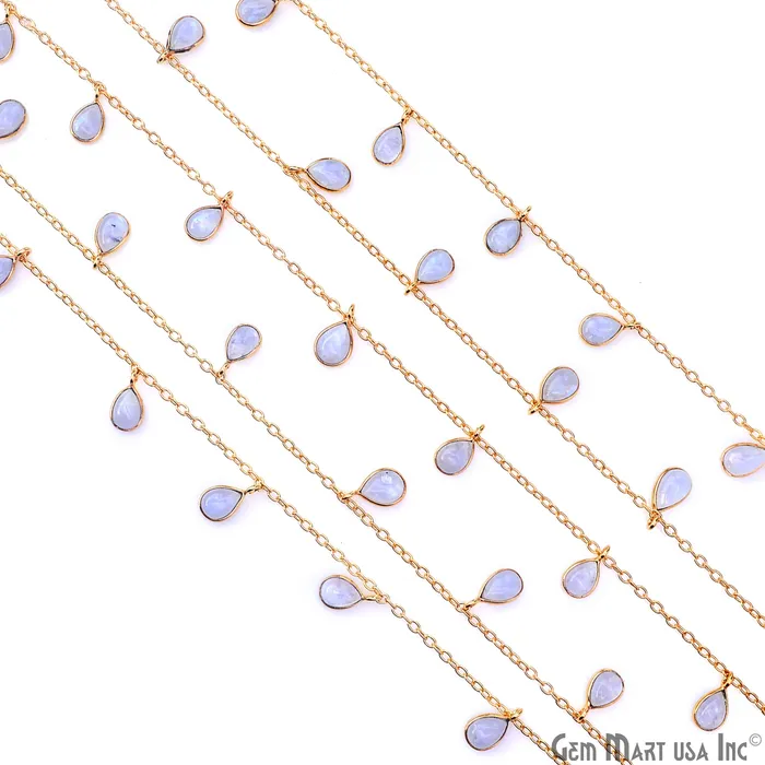 Necklaces Rainbow Moonstone Cabochon Pears 7x5mm Gold Plated Bezel Connector Dangle Rosary Chain GemMartUSA Necklaces Rainbow Moonstone Cabochon Pears 7x5mm Gold Plated Bezel Connector Dangle Rosary Chain GemMartUSA