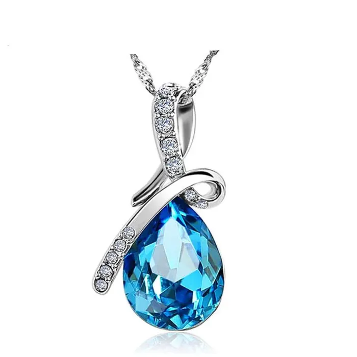 Necklaces Rhodium Plated Fashion Necklace with Blue Crystal Water Drop Pendant Gift Ideas for Women customjewelryan
