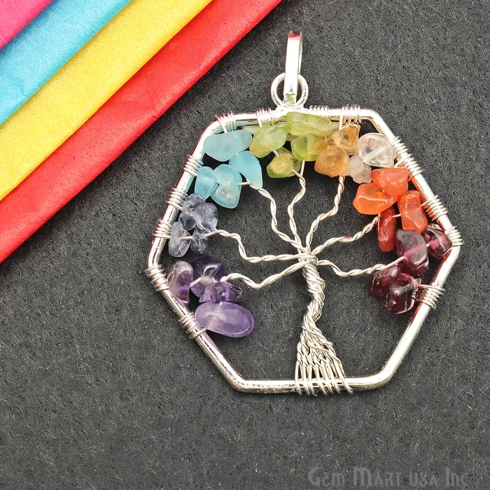 Necklaces Tree of Life Multi Color Silver Wire Wrapped 42mm Chakra Pendant GemmartUSA Necklaces Tree of Life Multi Color Silver Wire Wrapped 42mm Chakra Pendant GemmartUSA