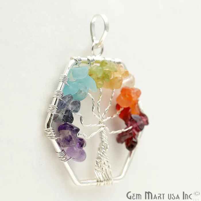Necklaces Tree of Life Multi Color Silver Wire Wrapped 42mm Chakra Pendant GemmartUSA Necklaces Tree of Life Multi Color Silver Wire Wrapped 42mm Chakra Pendant GemmartUSA