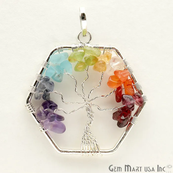 Necklaces Tree of Life Multi Color Silver Wire Wrapped 42mm Chakra Pendant GemmartUSA Necklaces Tree of Life Multi Color Silver Wire Wrapped 42mm Chakra Pendant GemmartUSA