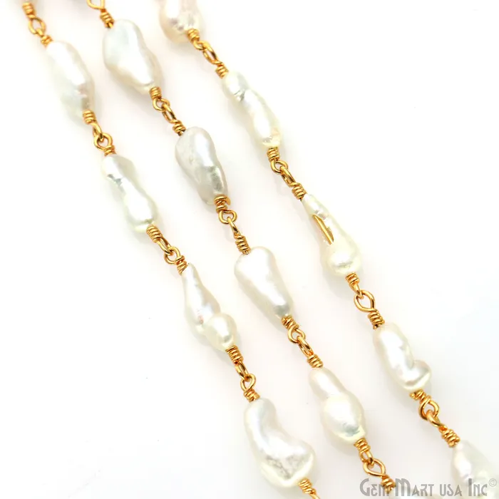 Pearl Free Form 14x8mm Gold Wire Wrapped Rosary Chain GemMartUSA Necklaces