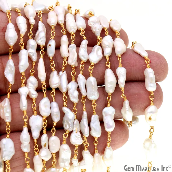 Pearl Free Form 14x8mm Gold Wire Wrapped Rosary Chain GemMartUSA Necklaces