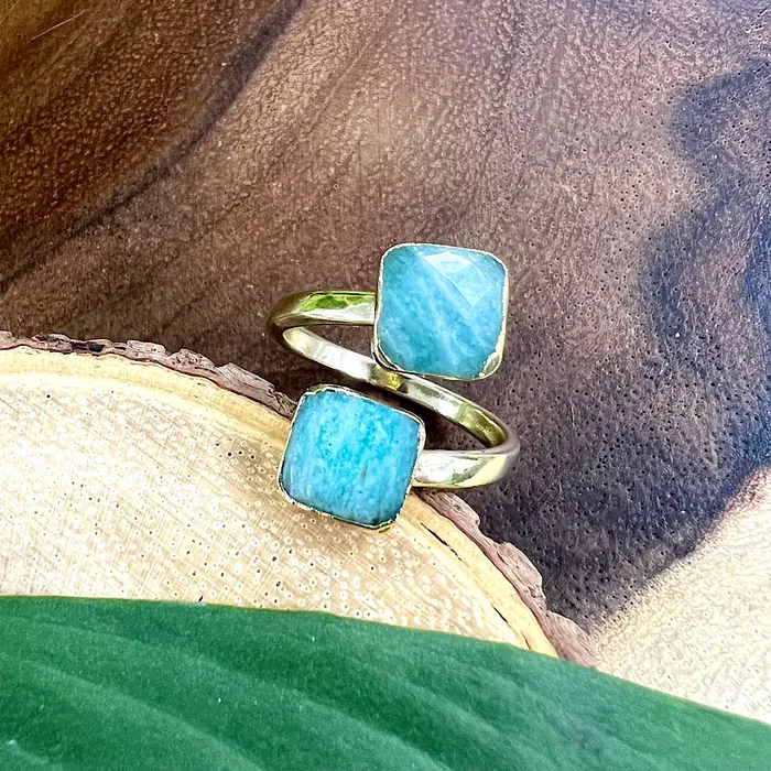 Peruvian Amazonite Faceted Diamond Freedom Clarity Adjustable Gold Ring Lily Rose Jewelry Rings