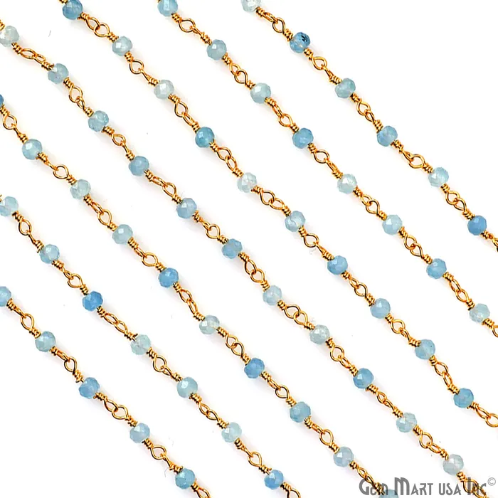 PreStyled Sets GemMartUSA Aquamarine 3mm Gold Plated Wire Wrapped Gemstone Beads Rosary Chain