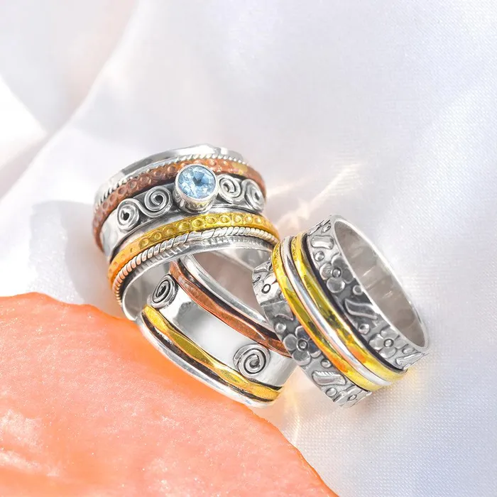 Solid 925 Sterling Silver Brass Copper Meditation Spinning Ring Jewelry YoTreasure Rings