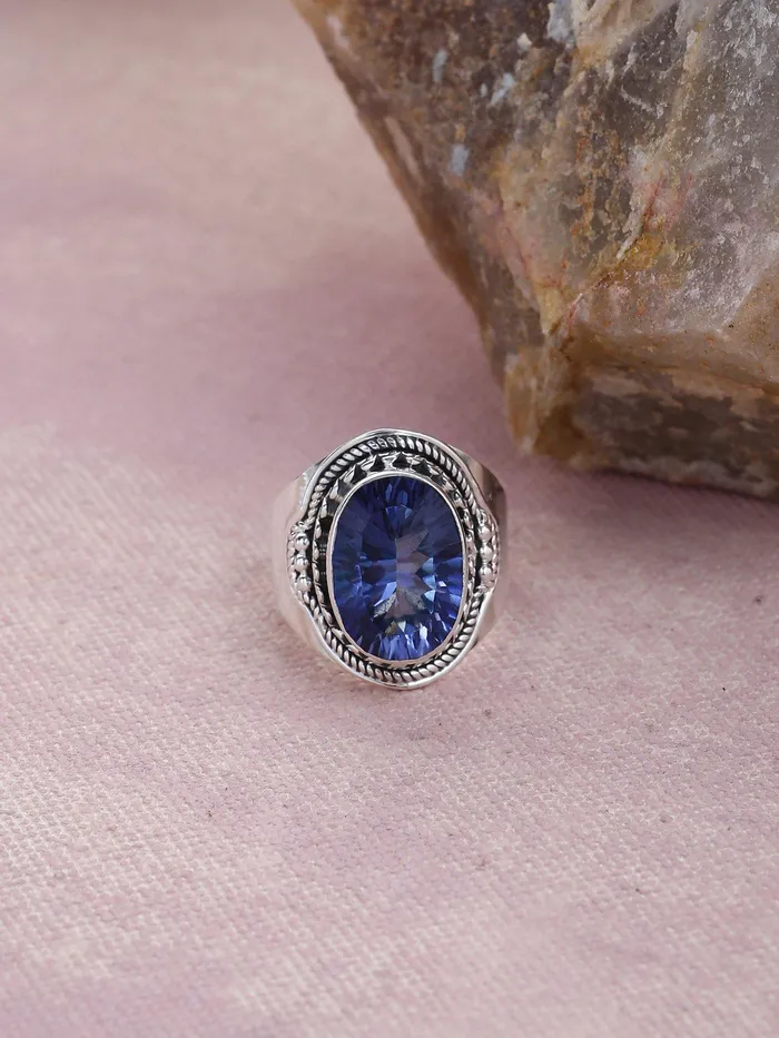 YoTreasure Rings Blue Quartz Solid 925 Sterling Silver Ring Jewelry
