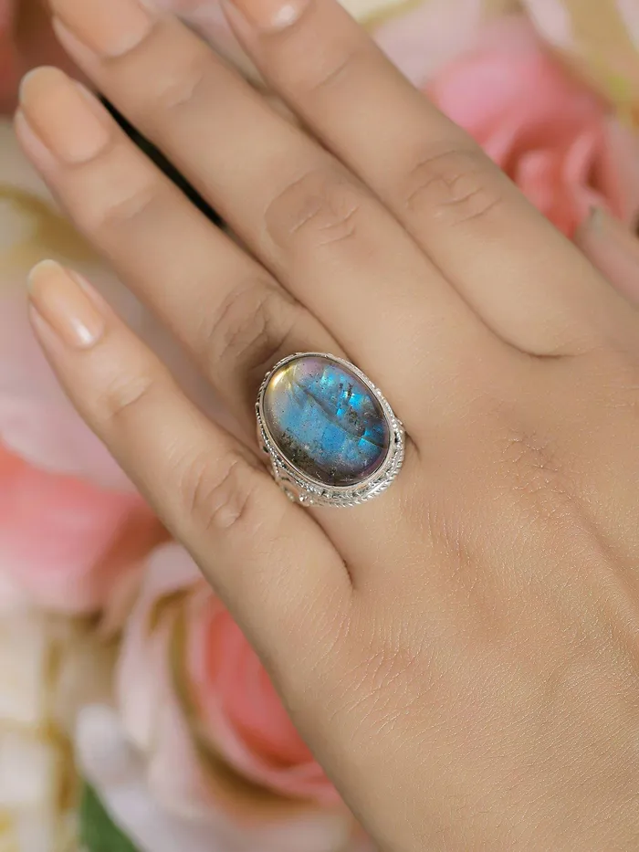 YoTreasure Rings Labradorite Solid 925 Sterling Silver Cocktail Ring Jewelry