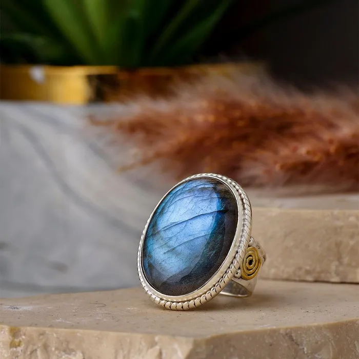 YoTreasure Rings Labradorite Solid 925 Sterling Silver Spiral Brass Ring Jewelry