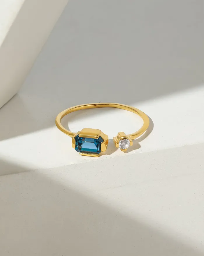 YoTreasure Rings London Blue Topaz White Topaz Open Ring 14k Gold Plated Over 925 Silver Jewelry