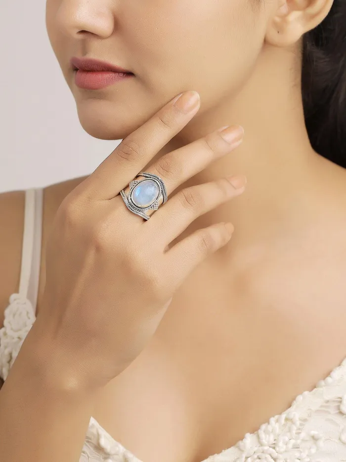 YoTreasure Rings Moonstone Solid 925 Sterling Silver Gemstone Ring Jewelry