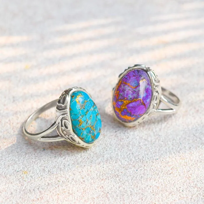 YoTreasure Rings Purple Copper Turquoise Solid 925 Sterling Silver Ring Jewelry
