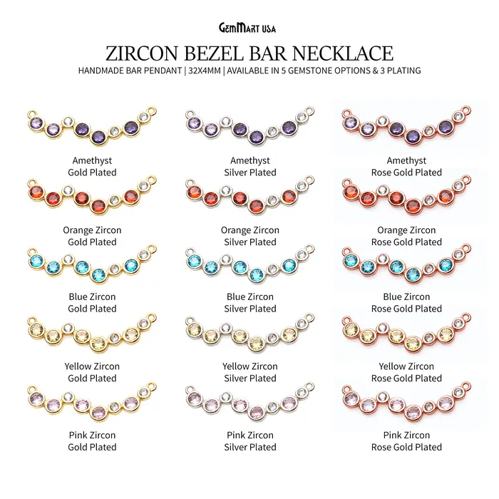 Zircon Gold Bezel Bar Necklace Bar Pendant 32x4mm Double Bail Necklace GemMartUSA Necklaces Zircon Gold Bezel Bar Necklace Bar Pendant 32x4mm Double Bail Necklace GemMartUSA Necklaces
